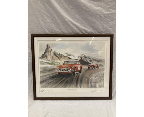 A FRAMED LIMITED EDITION 23/1000 PRINT OF THE 1989 PIRELLI CLASSIC MARATHON, SHOWING THE M. G. O. C. MGB OF TONY DRON AND MIK