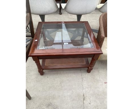 A MODERN GLASS TOP LAMP TABLE WITH SPLIT CANE UNDERTIER, 24X22" 