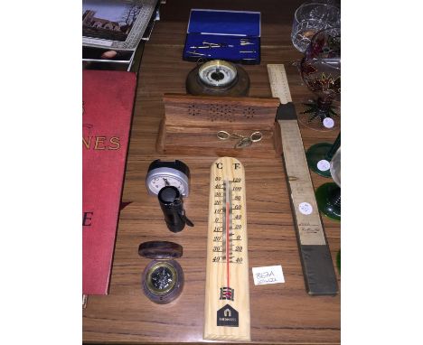 A BOXED COMPASS, THERMOMETER, SLIDE RULE, BAROMETER, BOXED DRAWING SET, ETC 