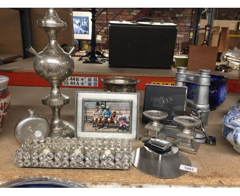 A SELECTION OF SILVER WARE TO INCLUDE A SHISH PIPE, ARMAC LIGHTER, HIP FLASK, ICE BUCKET, PICTURE FRAMES ETC., 