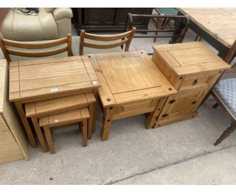 A MEXICAN PINE LAMP TABLE, NEST OF THREE TABLES AND BEDSIDE LOCKER 