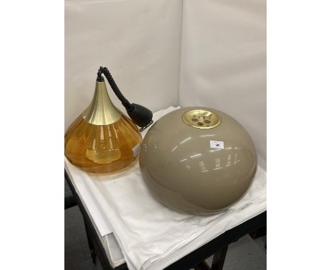A LARGE RETRO COFFEE COLOURED LIGHT SHADE AND A RETRO ORANGE GLASS CEILING LIGHT 