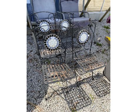 A SET OF FOUR METAL BISTRO CHAIRS WITH TILE BACK DECORATION 
