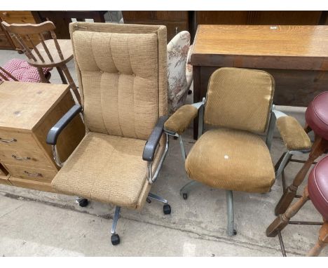 A MELROSE SWIVEL OFFICE CHAIR WITH CHROME ARMS AND ALLOY BASE COMPLETE WITH TAN-SAD VINTAGE REVOLVING OFFICE CHAIR IN BATTLES