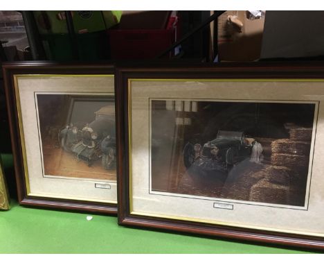 A PAIR OF FRAMED PRINTS OF VINTAGE CARS - LAGONDA AND ASTON MARTIN 