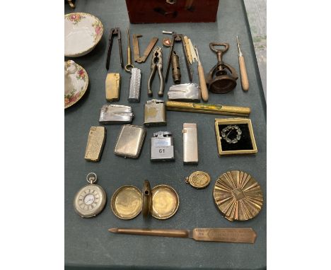 A COLLECTION OF ITEMS TO INCLUDE AN ORIENTAL LACQUERED BOX CONTAINING POCKET WATCHES, VINTAGE LIGHTERS, POLICE WHISTLE, TOOLS
