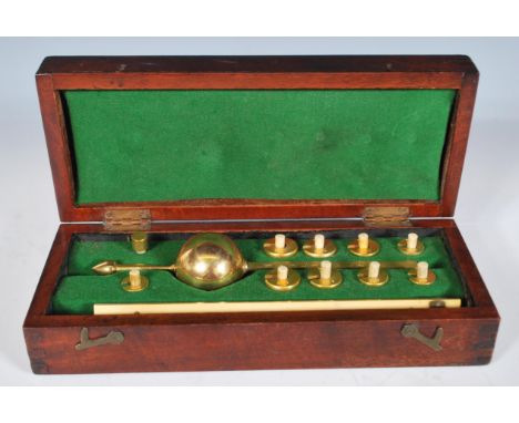 A 19th Century Victorian brass Sikes Hydrometer No. 535, possibly for use within a Dairy. The mahogany case with inset ivory 