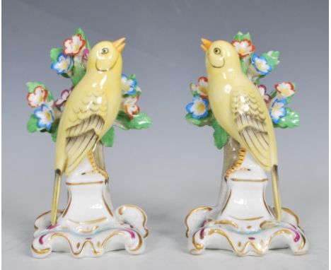 A pair of 19th Century Victorian Continental ceramic figurines of yellow birds in the manner of Meissen, each bird set upon a