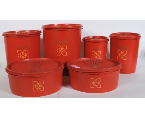 A selection of vintage retro 1970's interiors items to include red Tupperware containers having fanned design lids, a black l