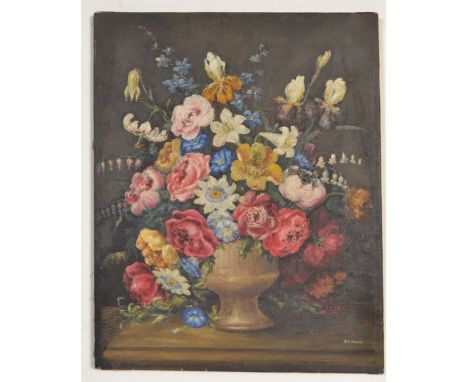 A 20th Century oil on canvas still life painting depicting a floral bouquet of flowers in an urn before a dark background. Si