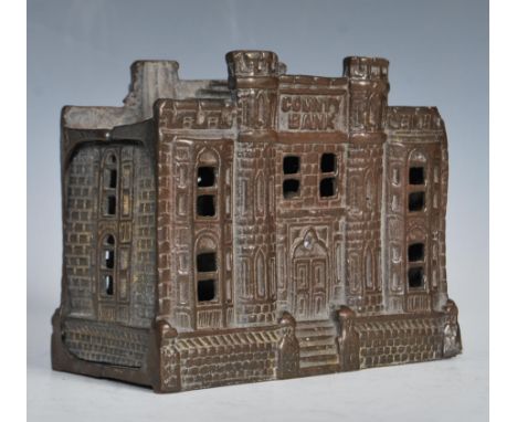 A 19th Century Victorian cast iron money box of architectural building form County Bank above the door. Measures 12.5cm wide 