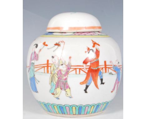 A 19th Century ceramic ginger jar of tapering bulbous form having a white ground with hand painted enamelled scenes depicting