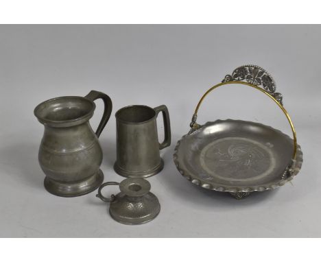 A Pewter Footed Basket having Brass and Pierced Pewter Handle, Together with a Pewter Measure, Bedchamber Stick Etc (Basket w