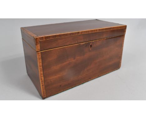 A 19th century Two Division Tea Caddy Box with Crossbanded Edging, In Need of Some Restoration and Repair, 31cms Wide 