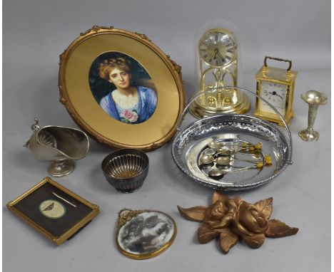 A Collection of Sundries to include Pillar Clock, Mantel Clock, Oval Print of a Maiden Etc 