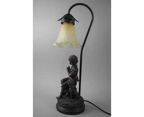 A Modern Resin Figural Table Lamp in the Form of Seated Boy with Dog, Opaque Glass Shade, 50cms High Overall 