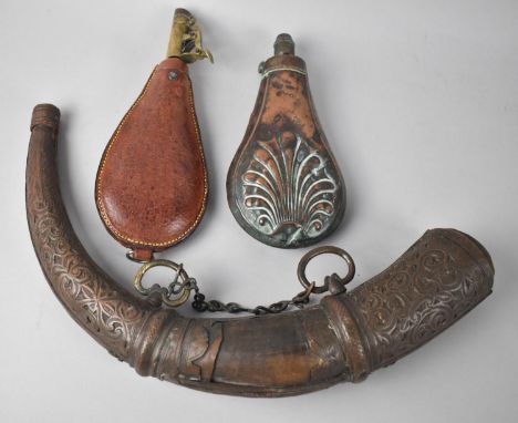 One Metal and One Leather Powder Flask and a Metal Powder Horn 