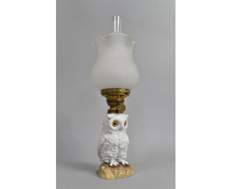A Novelty Continental (Probably French) Porcelain Oil Lamp Modelled as an Owl with Opaque Glass Shade and Chimney, Glass Eyes