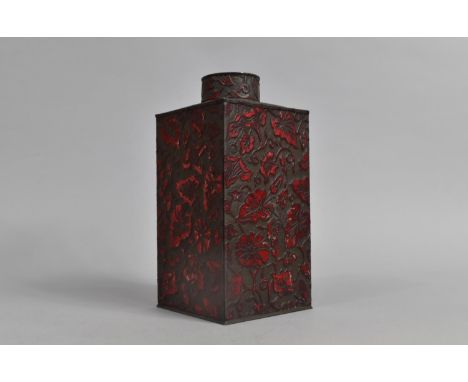 A Tin Plate Tea Caddy of Rectangular Form Decorated in relief with Foliate Scene, 20cms High 