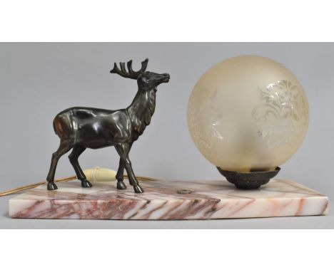 A French Art Deco Night Light with Stag Mount, (one Antler Missing), Etched Globe Shade, Rectangular Marble Plinth, 28cms Lon