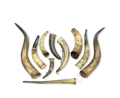 Six various powder horns, and four other horns19th century and laterAll formed from sections of cow horn, the first engraved 