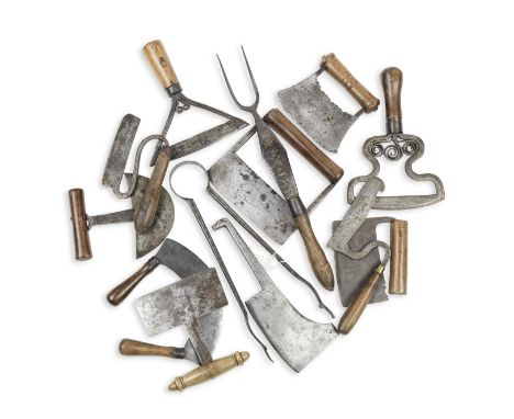 A collection of hand forged steel herb or vegetable choppers together with a collection of kitchen tools19th century Of vario