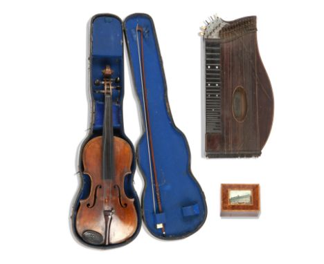 A 19th century violinWith double-band of stringing, 14 inch, with a bow and case; a zither by Xaver Kerschensteiner, Regensbu