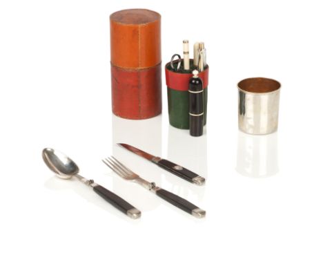 An early 19th century German travelling cutlery setby Seethaler, AugsburgThe cylindrical red card tube containing a silvered 