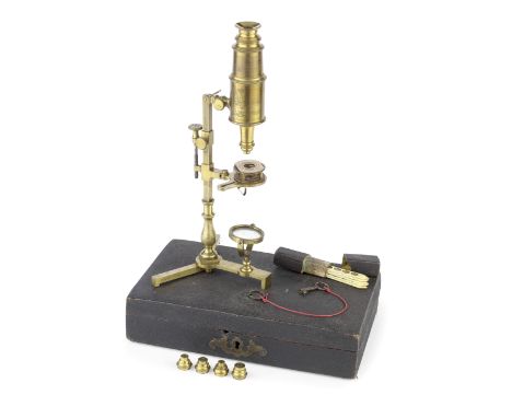 A Benjamin Martin-type Compound Monocular Microscope, English, circa 1770,Focusing to the stage by sliding bar and screw, on 