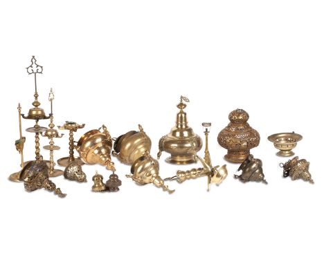 A graduated similar set of four hanging brass lightsThe largest 44cm high; together with further hanging lights, one with ena