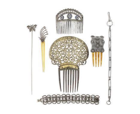 A collection of hair combs and assorted jewelleryTo include: a Spanish silver-gilt hair-comb with pierced foliate surmount, 1