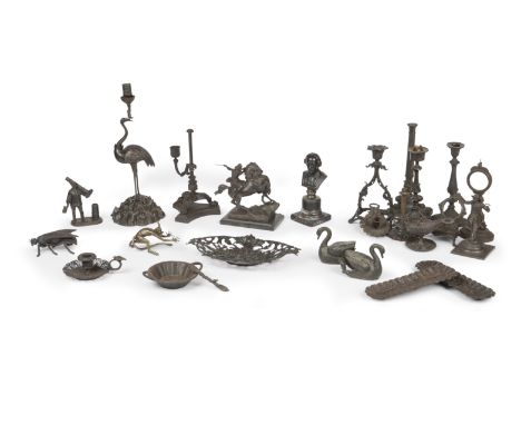 A collection of 19th century ironwork by E.G. Zimmerman, HanauIncluding; pin trays, watch holders, candlesticks, bust of Shak