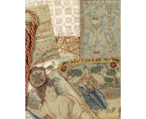 A collection of textiles17th to 19th century Including a 17th century tapestry fragment of a putti, two samplers, an 18th cen