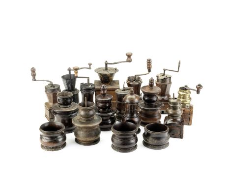 A large collection of coffee and pepper mills, and turned basesLate 18th century to late 19th century Including a late 18th c