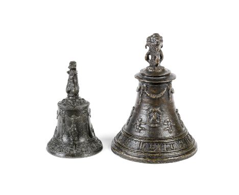 A 16th century Flemish bronze cloister bellDated 1545With a pierced floral vase shaped finial, above the bell cast with garla