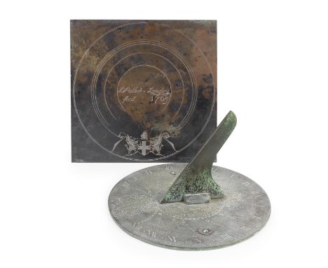 A Thomas Wilks Brass Horizontal Sundial, English, 18th century,signed T. Wilks, Petworth, fecit, the dial well engraved with 