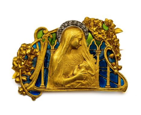Frédéric de Vernon (1858 - 1912), 18 kt. gouden broche, Art Nouveau, ca. 1900. Met een beeltenis van Maria met kind. Maria me