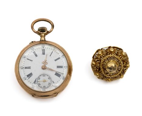 14 kt. Gouden remontoir horloge, met onedele binnendeksel, diameter 3 cm. De wijzerplaat met romeinse cijfers en secondenaand