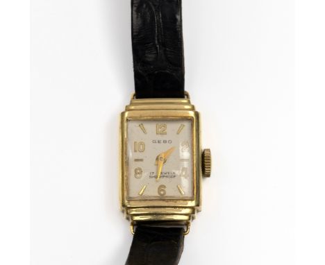 Gebo, 14 kt. gouden mechanisch polshorloge, Art Deco. Aan een zwart lederen bandje bruto 10,9 gr. [1] Gebo, 14 k gold mechani