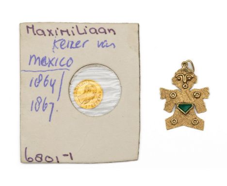 Mexico, 14 kt. gouden hanger, in de vorm van een mannetje, bezet met een driehoekige smaragd. Hierbij Mexico, gouden muntje m