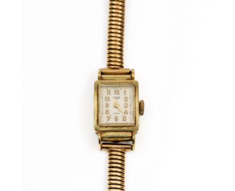 Monté, 14 kt. gouden mechanisch polshorloge, aan een 'tubogas' schakelband, op meerdere lengtes te dragen (uurwerk defect) br