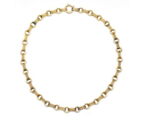 14 kt. Gouden collier, oorspronkelijk horlogeketting, 19e eeuw, bestaande uit cirkelvormige geribbelde schakels en rechthoeki