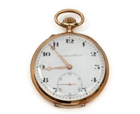 International Watch Company, 14 kt. gouden remontoir horloge met ankergang en onedele binnendeksel. In etui. bruto 76,7 gr., 