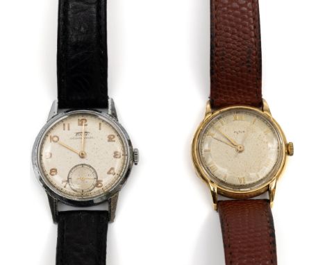 Altos, 18 kt. gouden mechanisch heren polshorloge, aan een bruin lederen band. Hierbij Tissot, onedel heren polshorloge aan e
