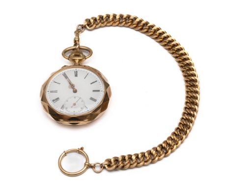 14 kt. Gouden remontoir zakhorloge met gefacetteerde kast en onedele binnendeksel. Aan een dubbele gourmetschakel horloge ket