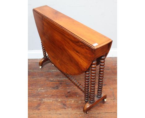 A Victorian stained walnut oval drop-leaf Sutherland table, with bobbin-turned supports and gate-leg, 92cm wide 