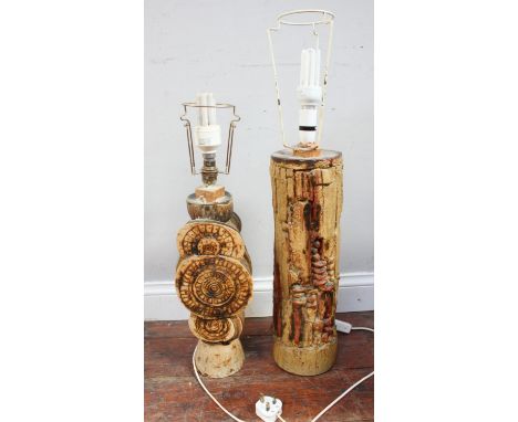 A Bernard Rooke studio pottery lamp, modelled with circular sections and decorated with Aztec designs, with impressed mark to