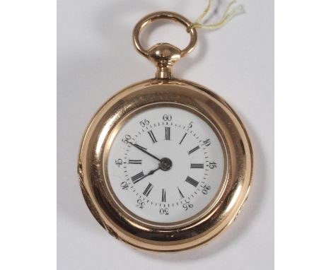 A ladies early 20th century Continental gold fob watch, with white enamel dial, Roman and Arabic numerals, (working movement,
