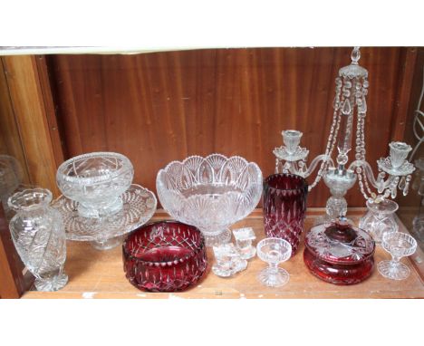 A ruby-cased and cut glass vase, bowl and cover, together with a cut-glass candelabra, Swarovski pricket candlestick and othe