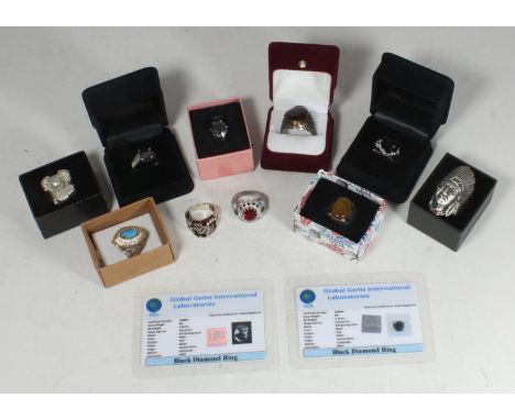 Ten various silver and silver gilt rings including three set with black diamonds, Indian Chief head, scorpion, and V-twin eng